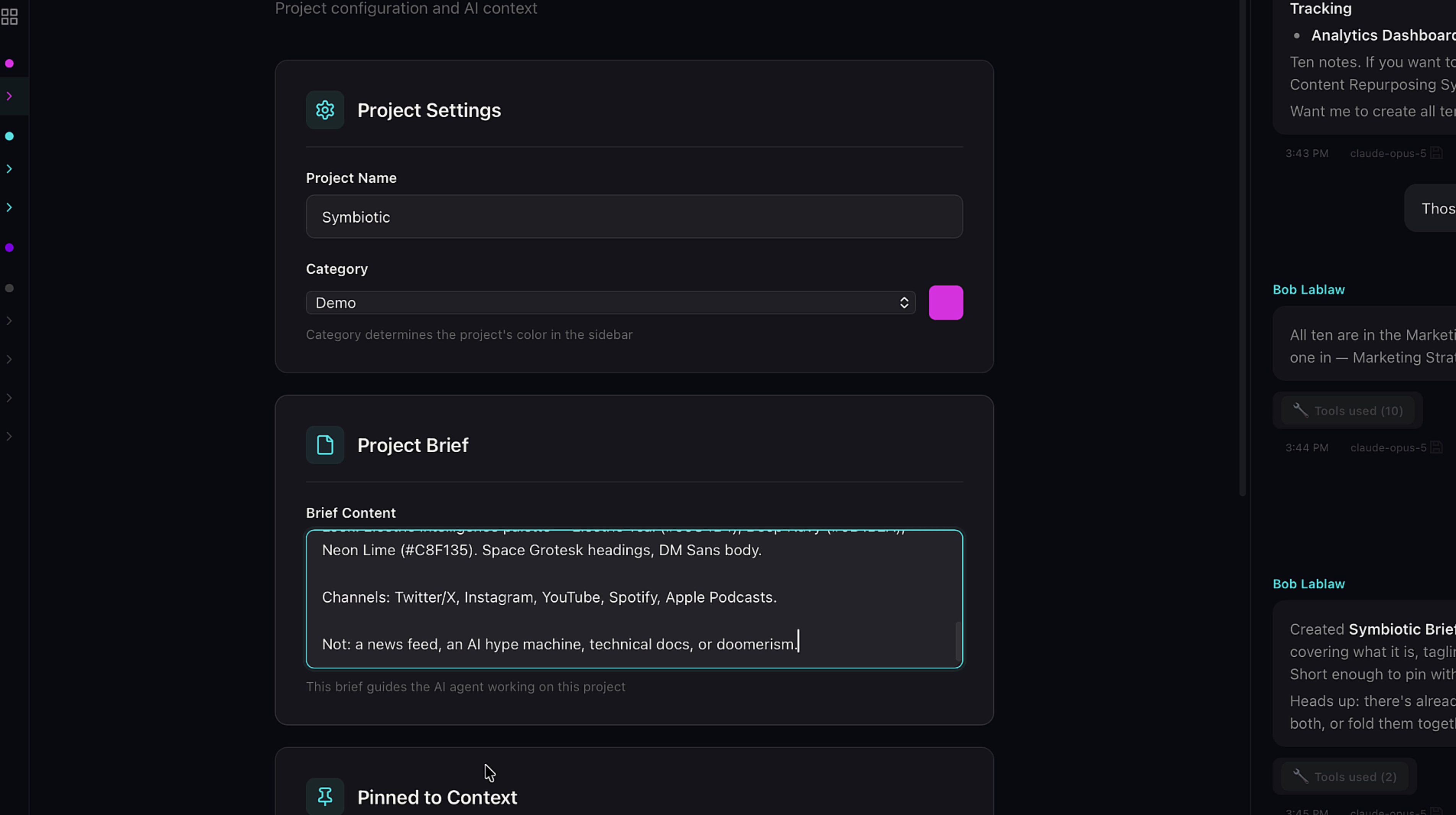 Project settings with brief and category fields
