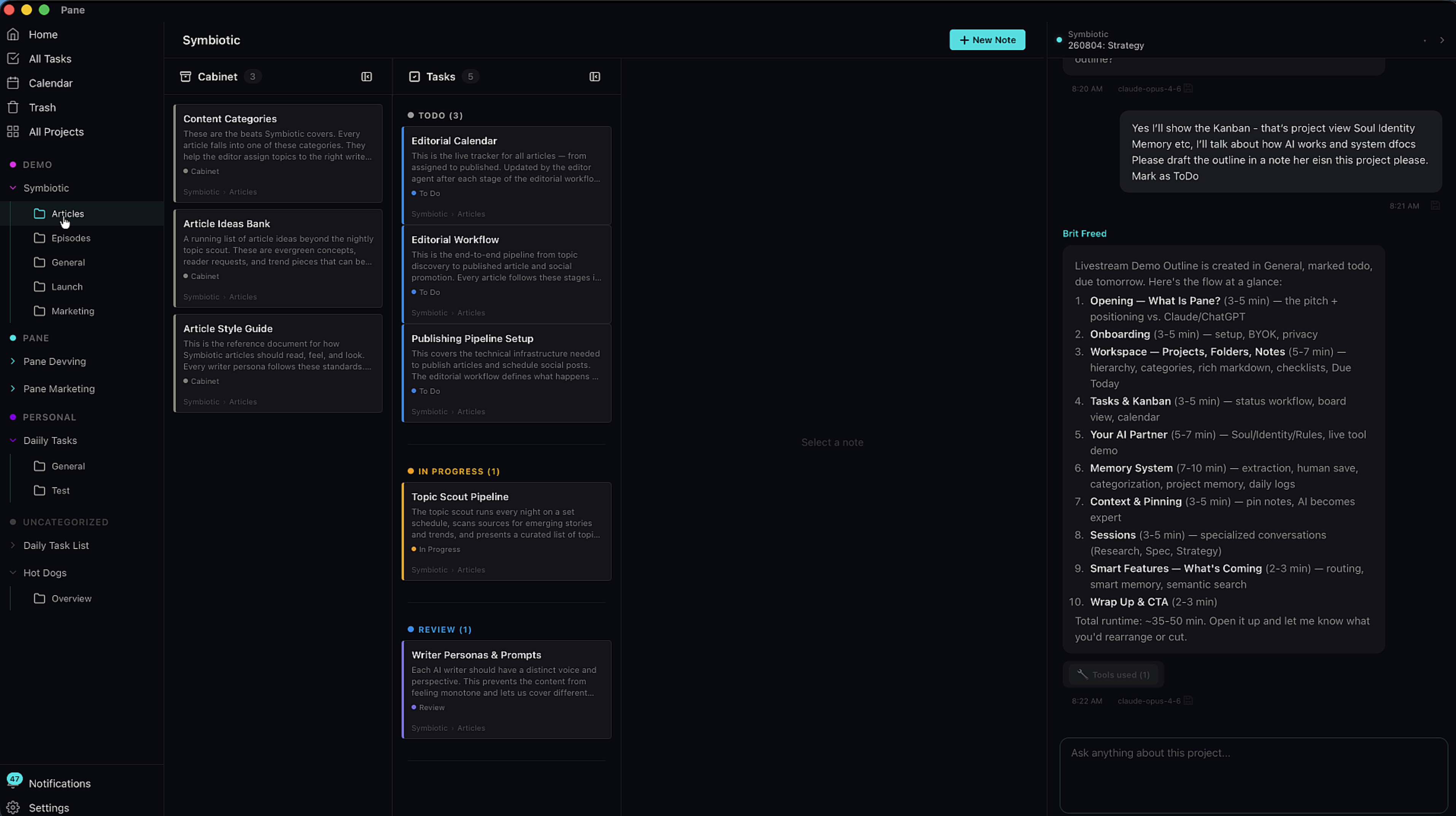Folder view with Cabinet and Tasks columns