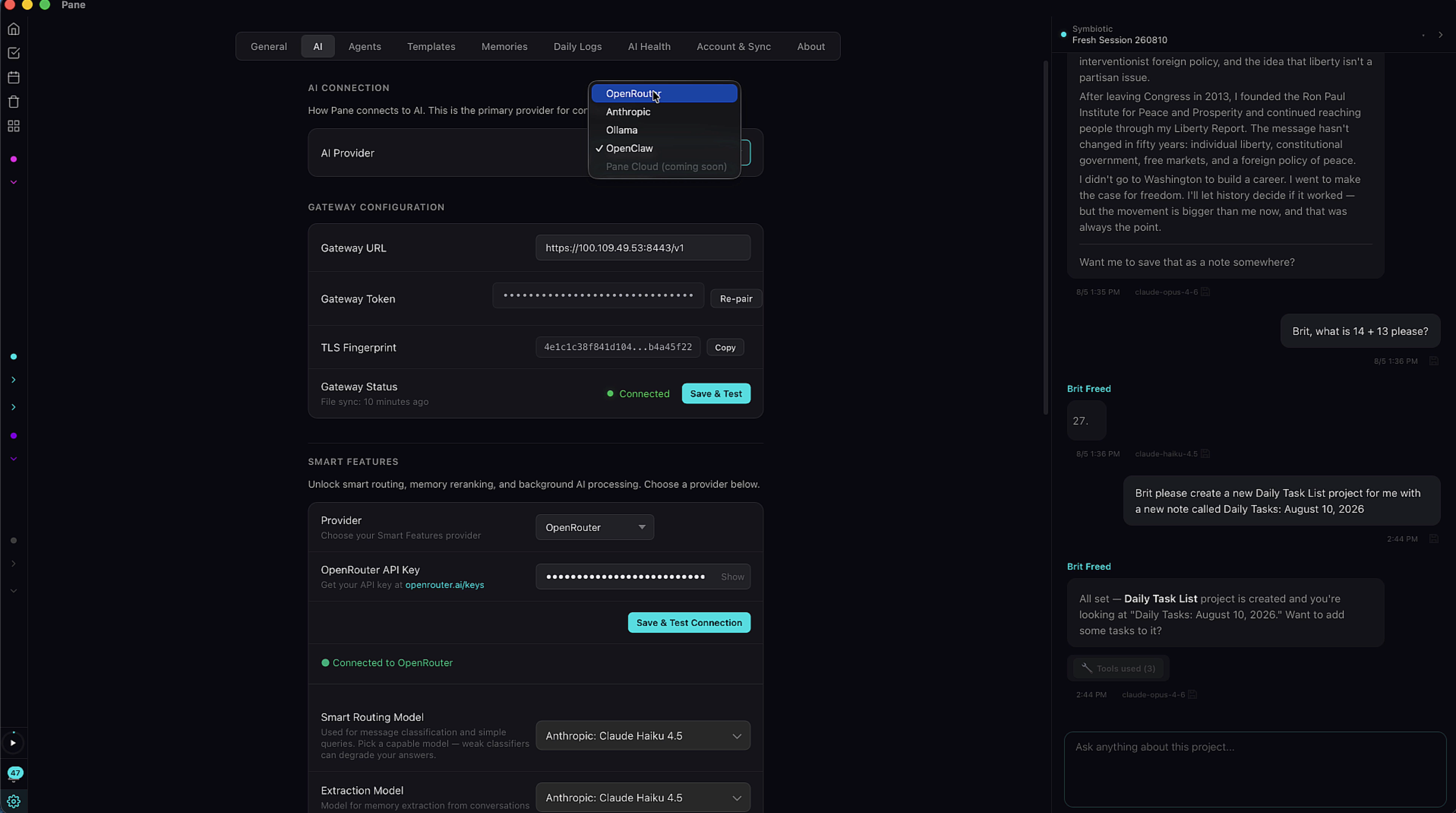 AI Settings with provider dropdown and gateway configuration