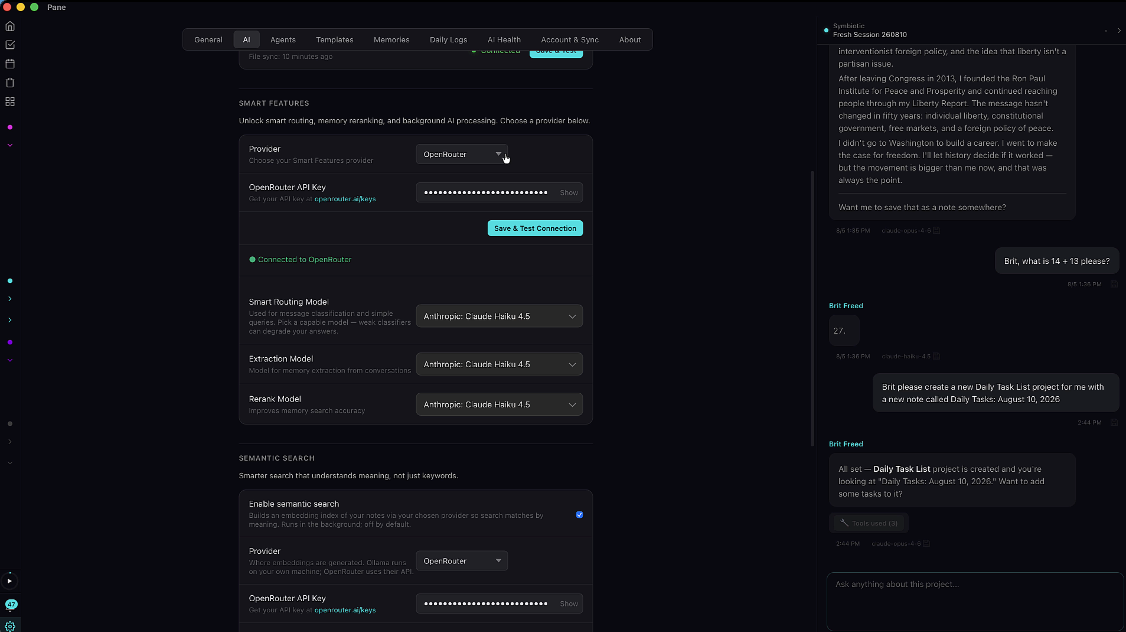 Smart Features settings with model selection
