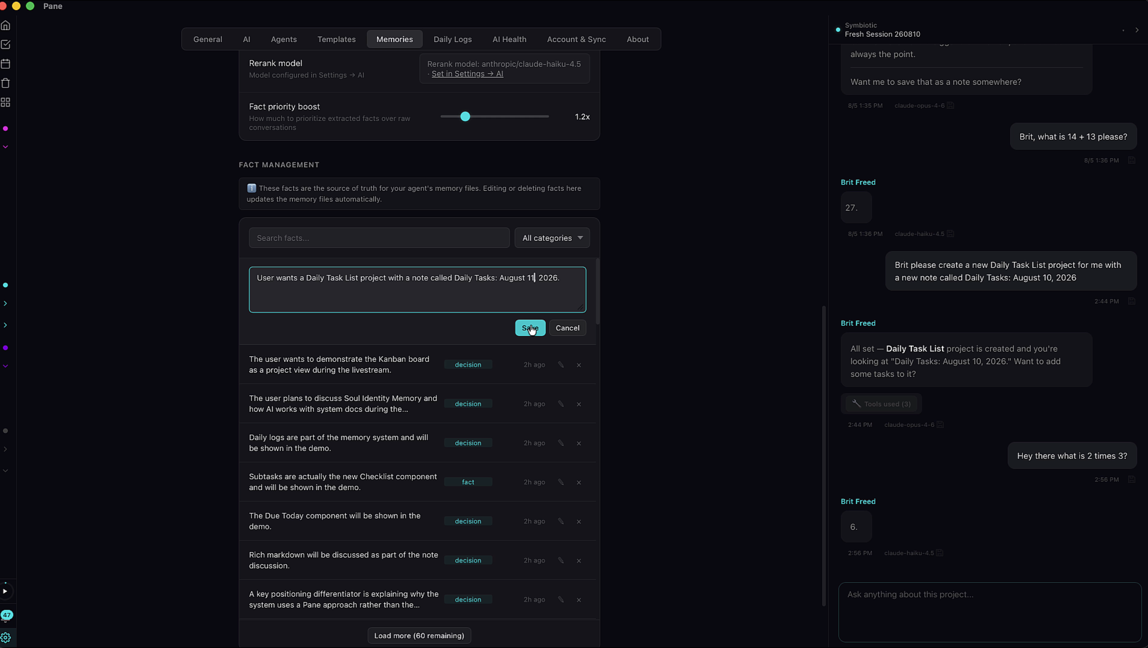 Fact Management in Memories settings
