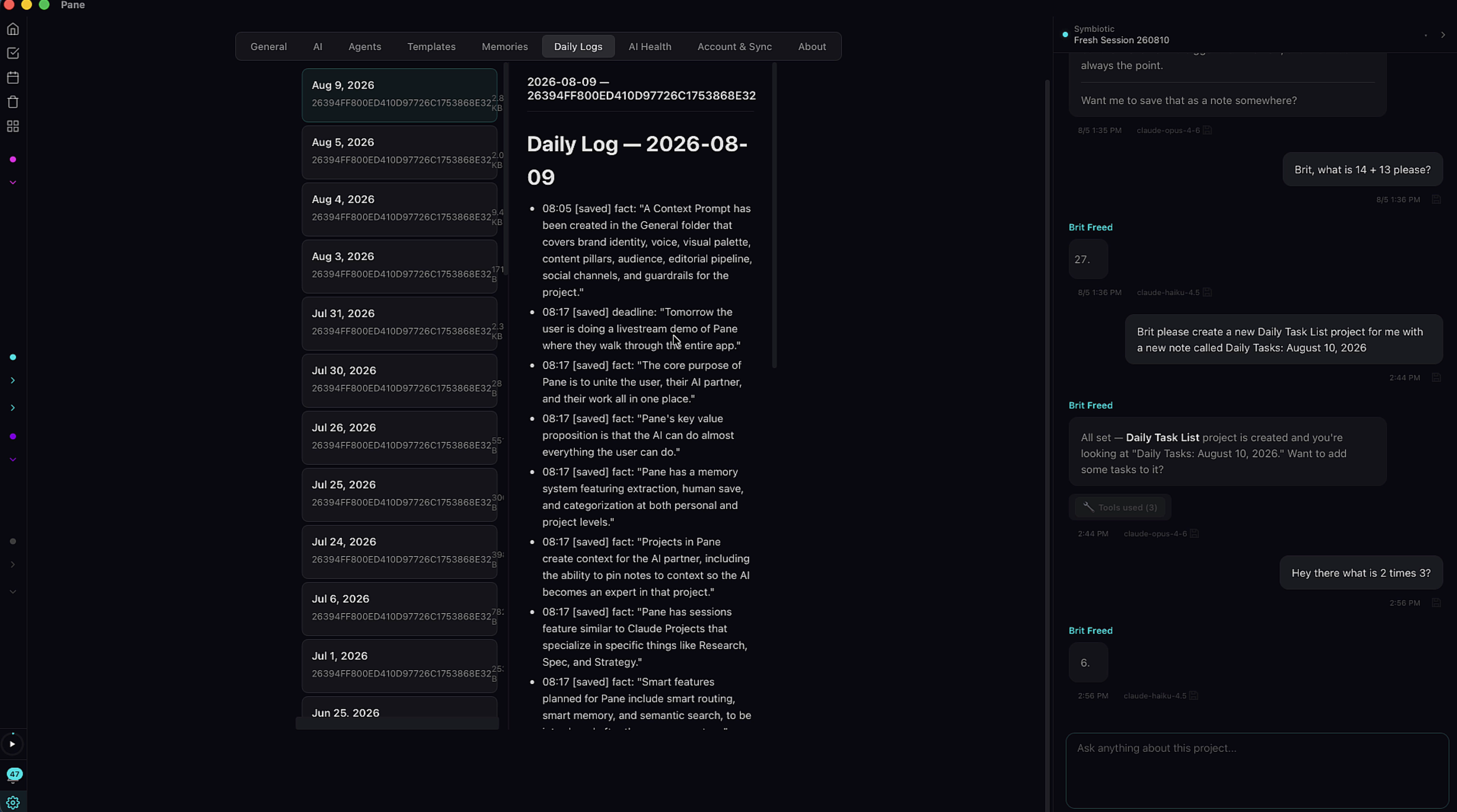 Daily log entries with timestamps