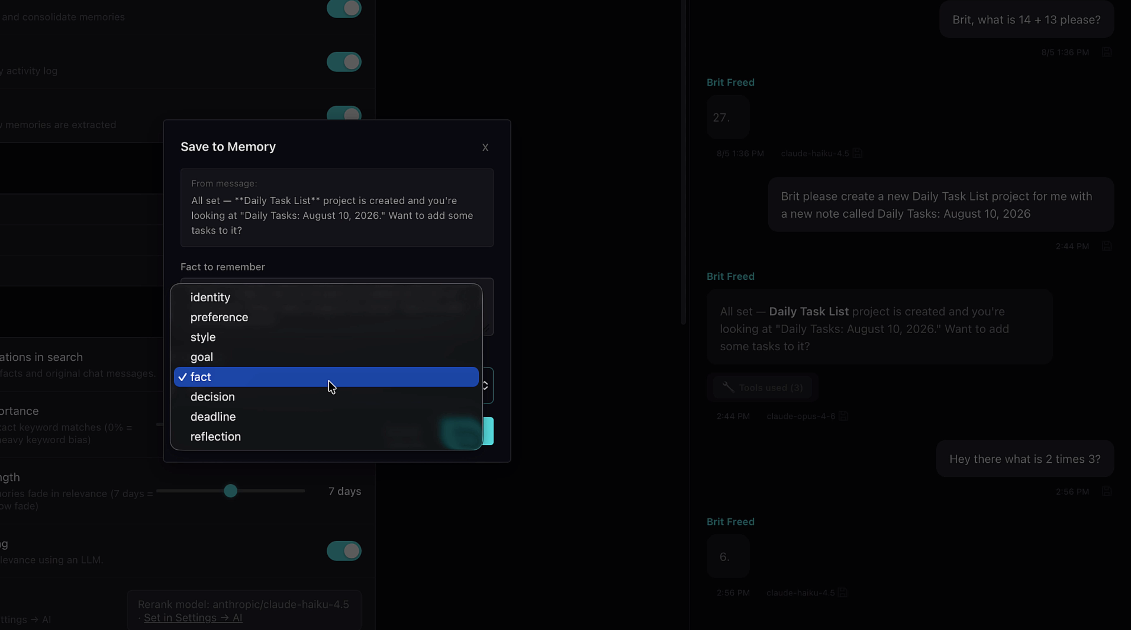 Save to Memory dialog with category selection