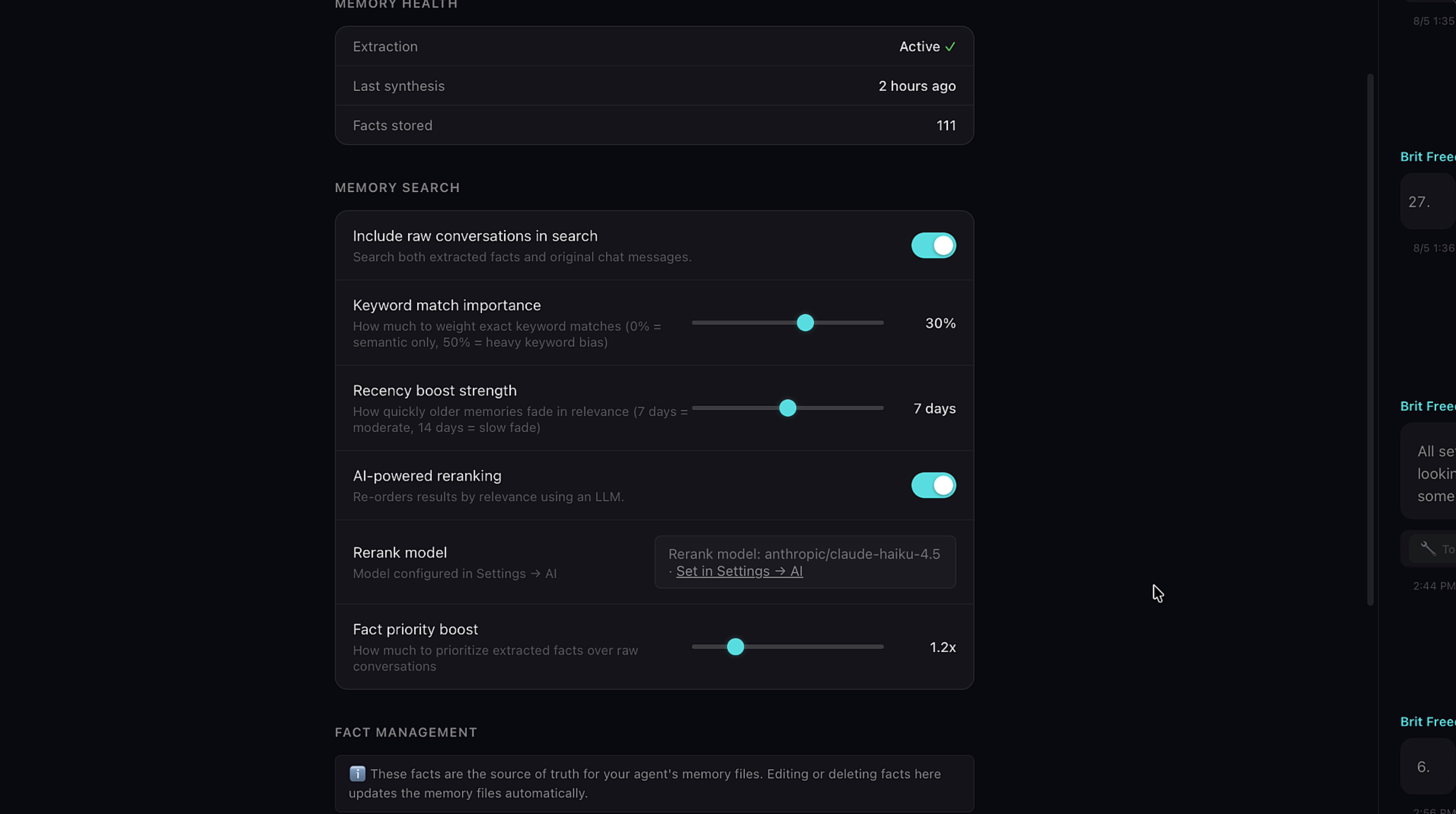 Rerank model and Memory Search settings