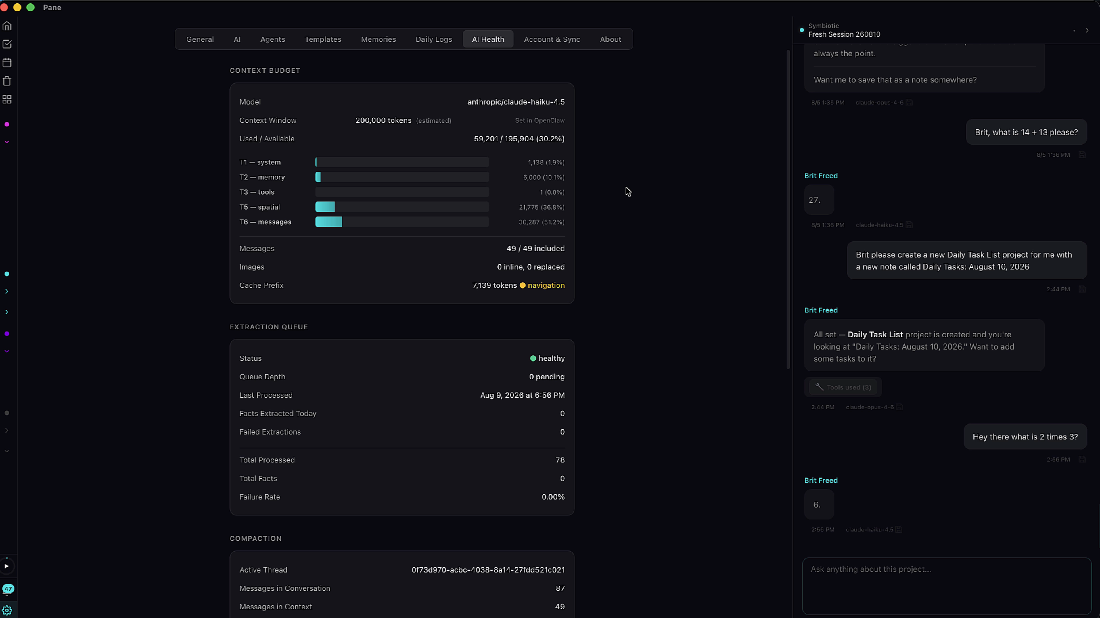 AI Health tab with context budget and extraction stats
