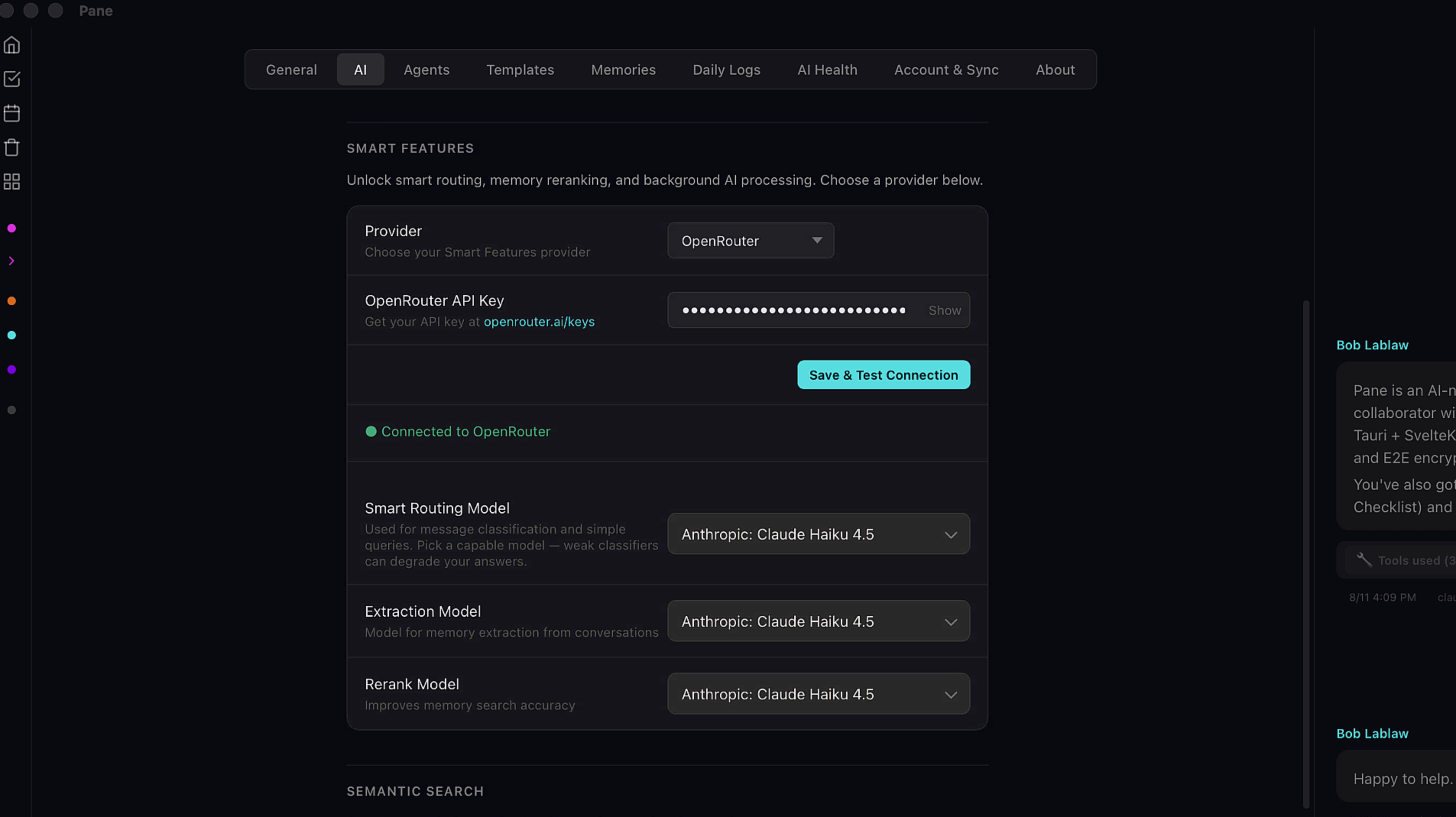 Smart Features settings showing provider, API key, and three model dropdowns