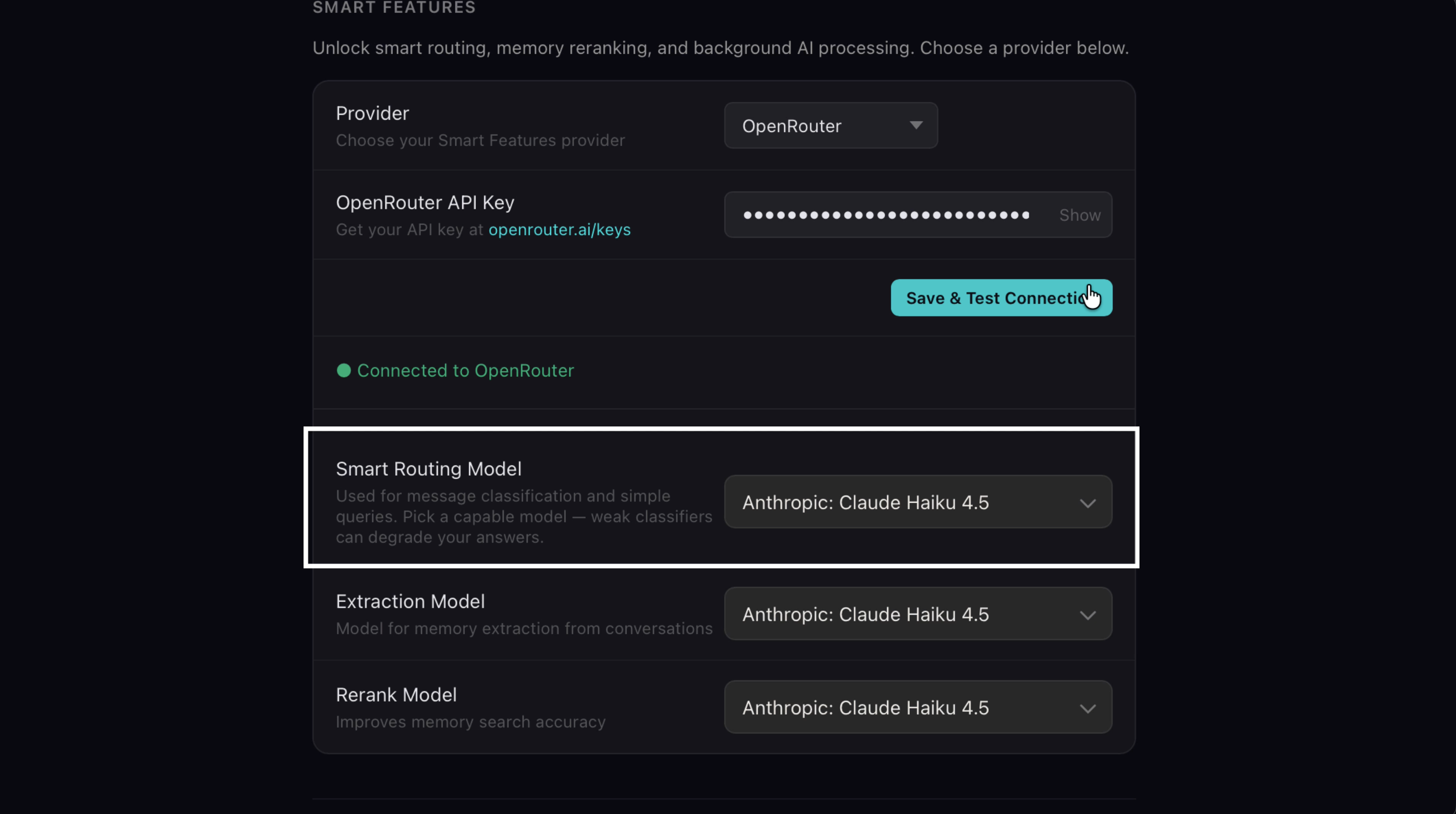 Smart Routing Model highlighted in settings