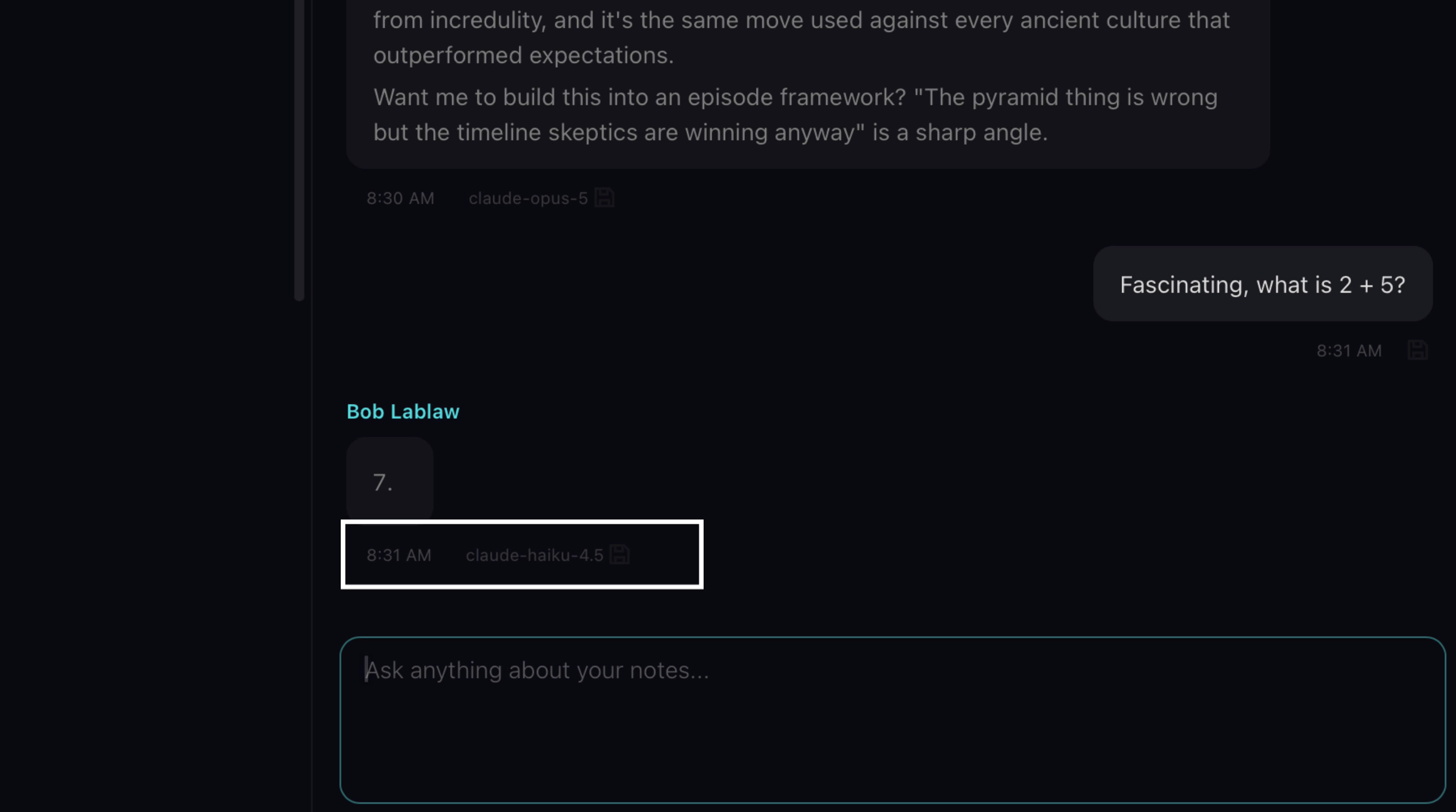 Chat showing a simple math question answered by claude-haiku-4.5 instead of the primary model
