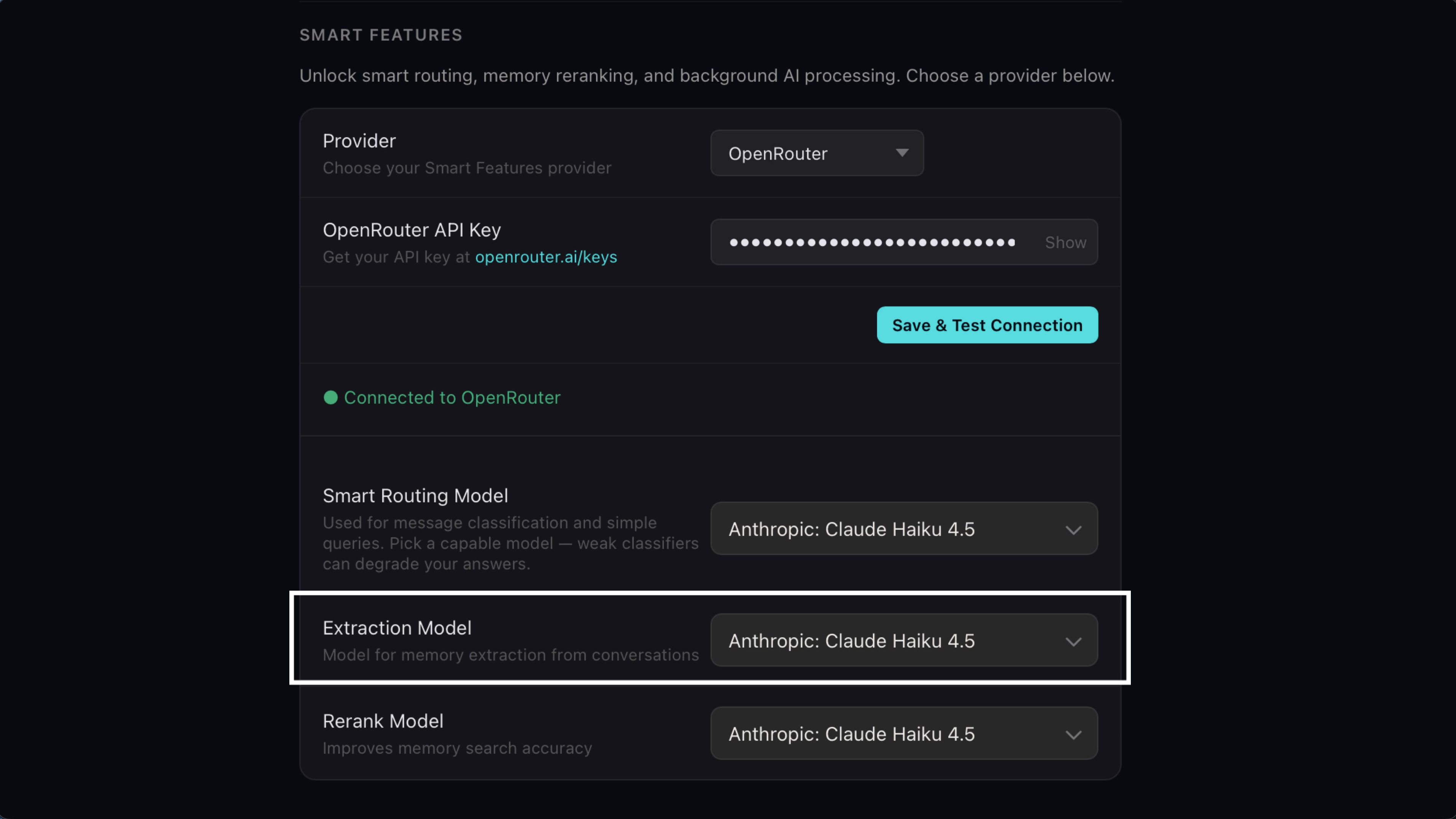 Extraction Model highlighted in settings