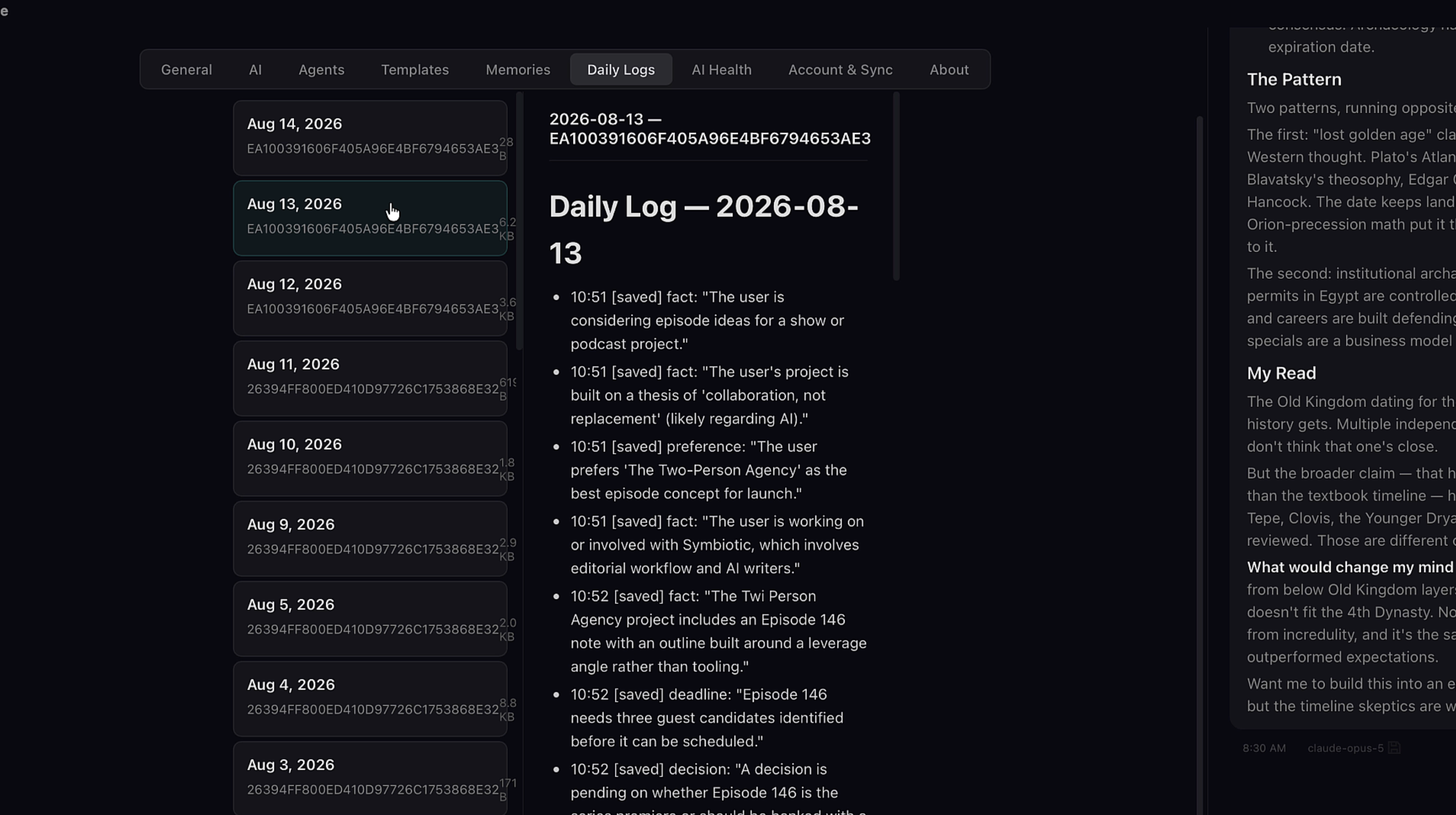 Daily Logs tab showing extracted facts and memories by date