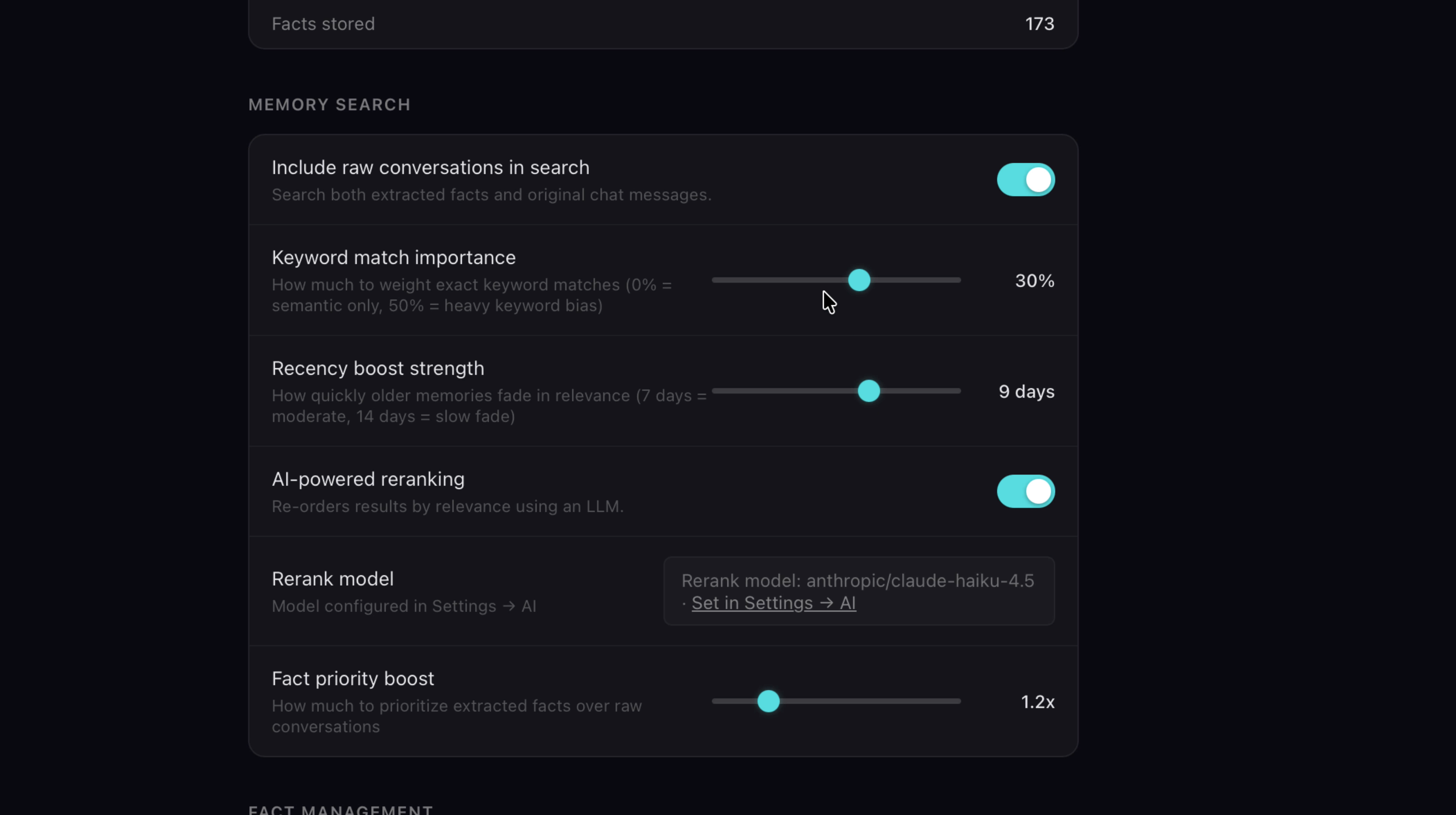 Memory Search settings with sliders for keyword match, recency, AI-powered reranking toggle, and fact priority