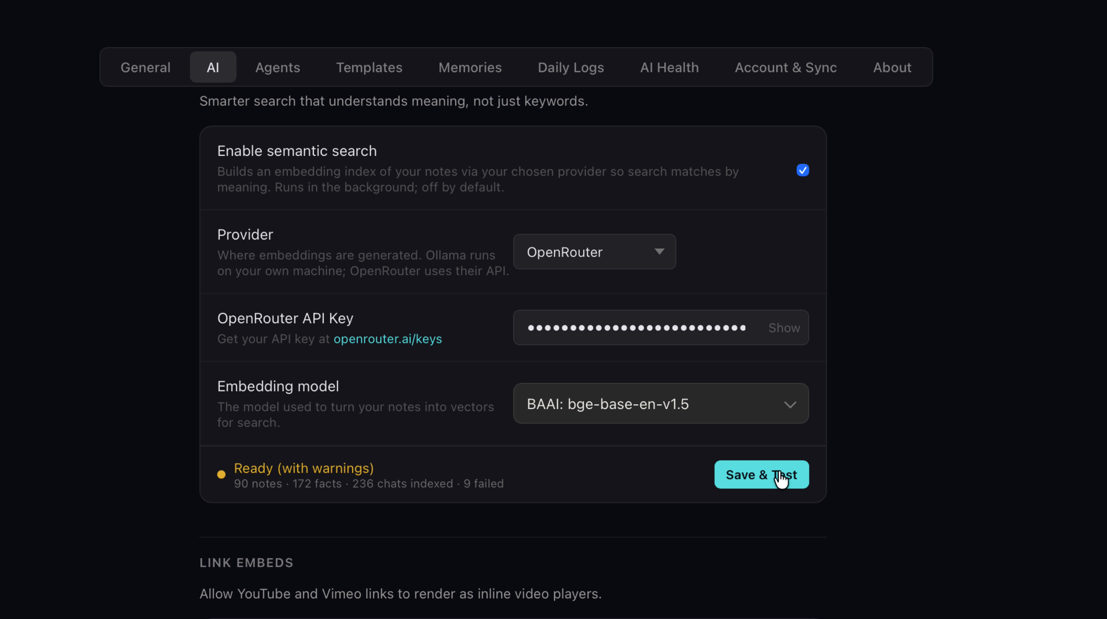 Semantic Search settings with embedding model and index status