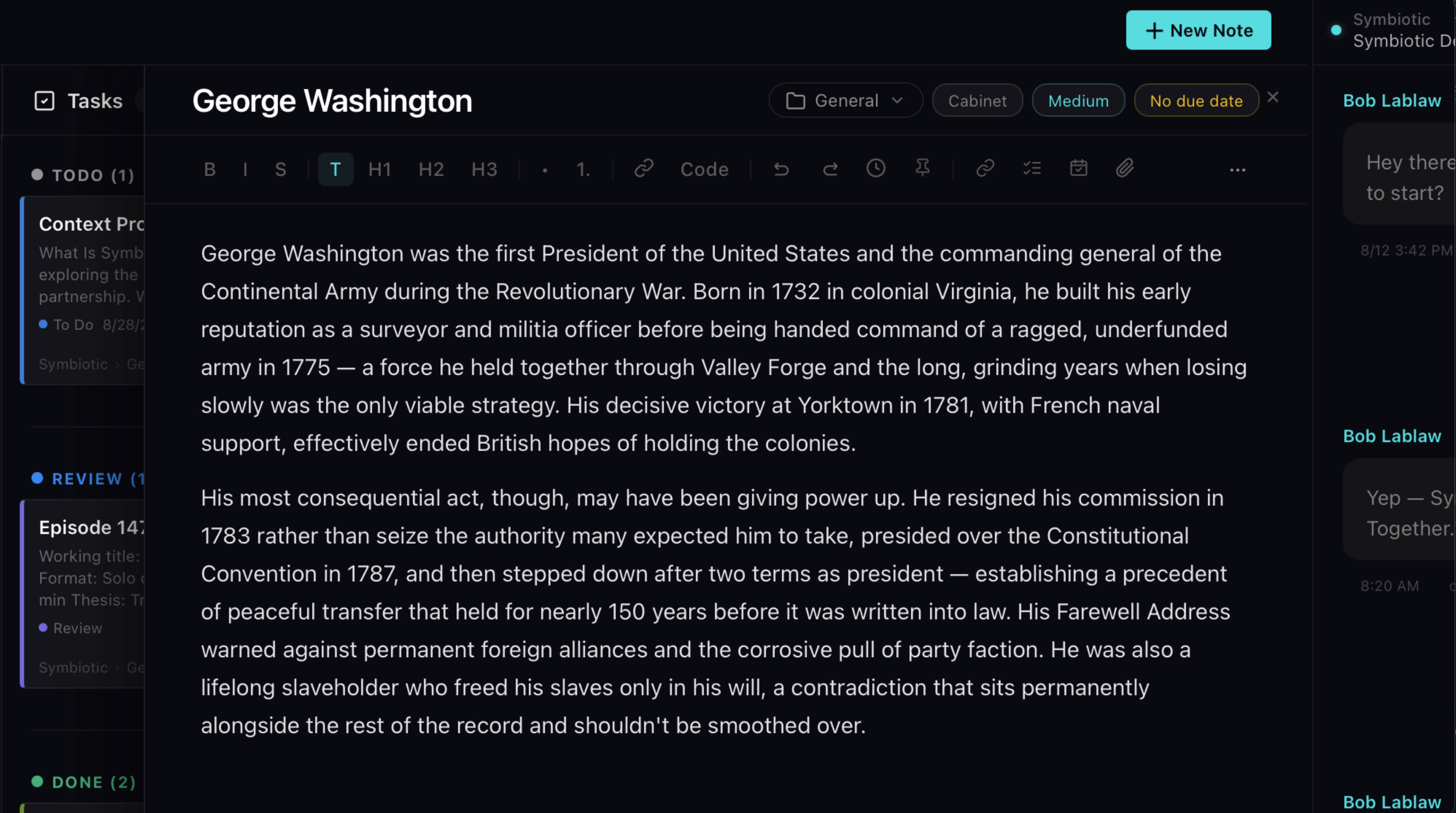 A George Washington note found by searching for early American presidents — semantic search in action