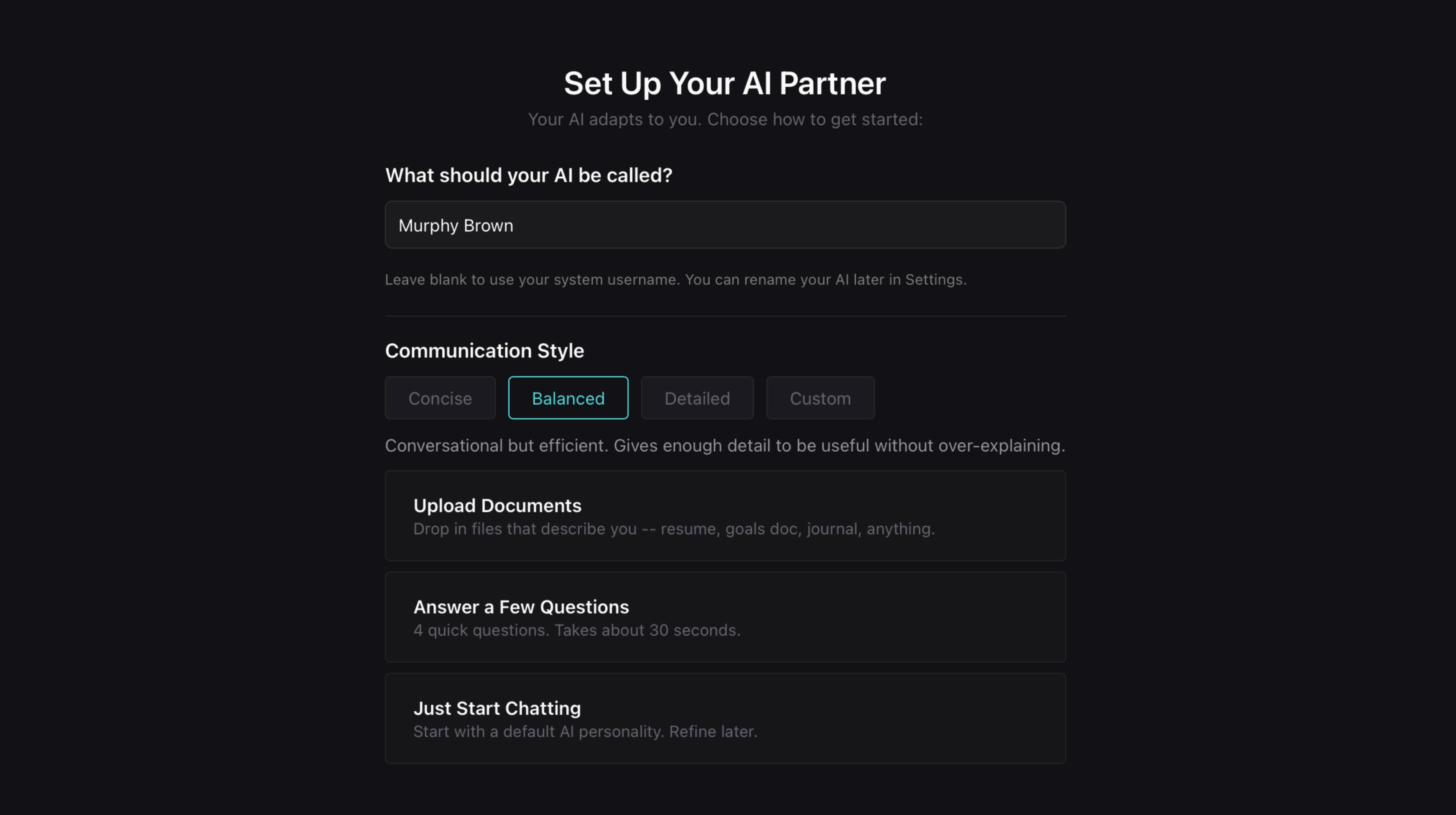 Set Up Your AI Partner — onboarding screen
