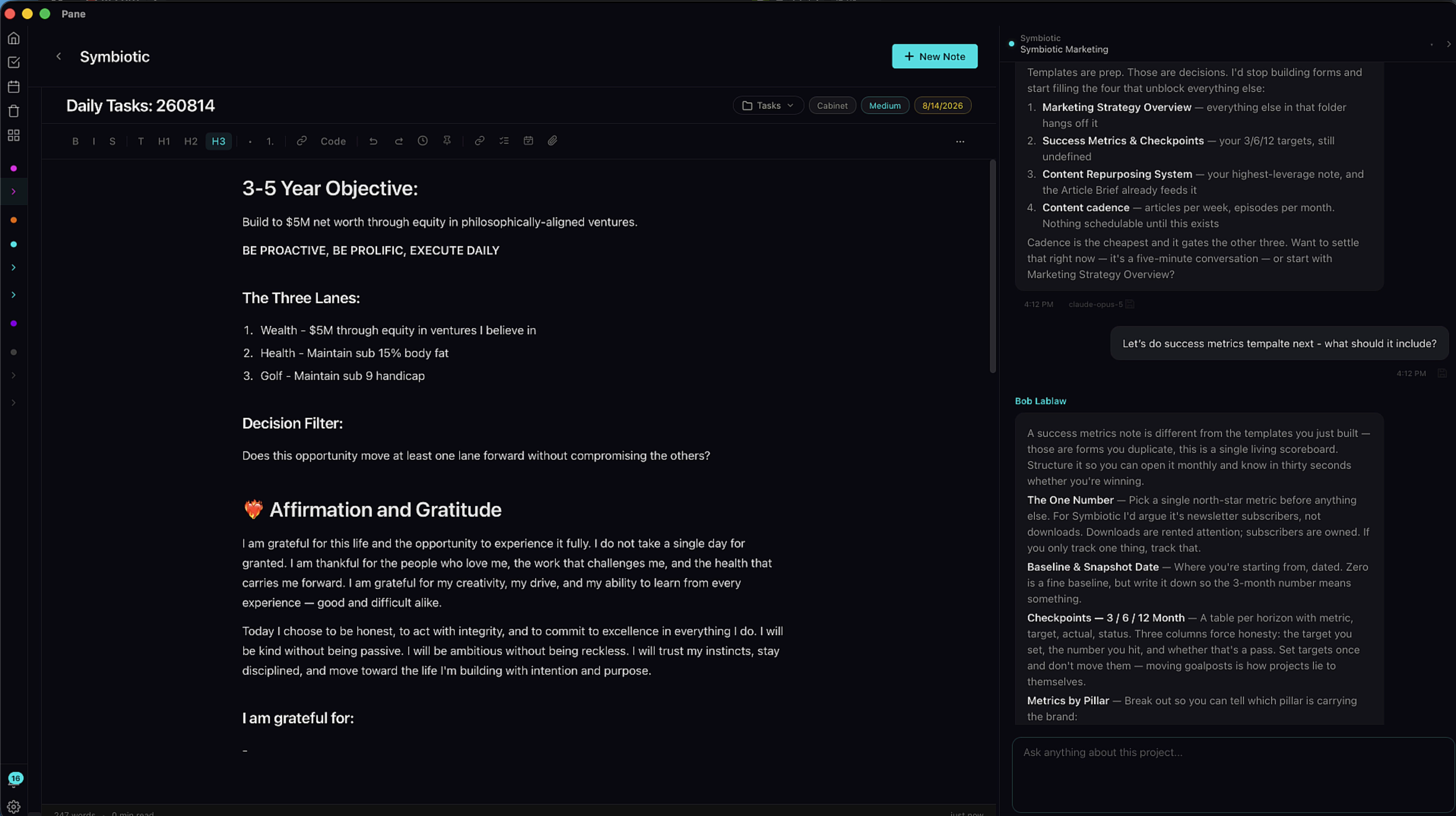 A Daily Tasks note with headers for priorities, a checklist for todos, and a Due Today component at the top