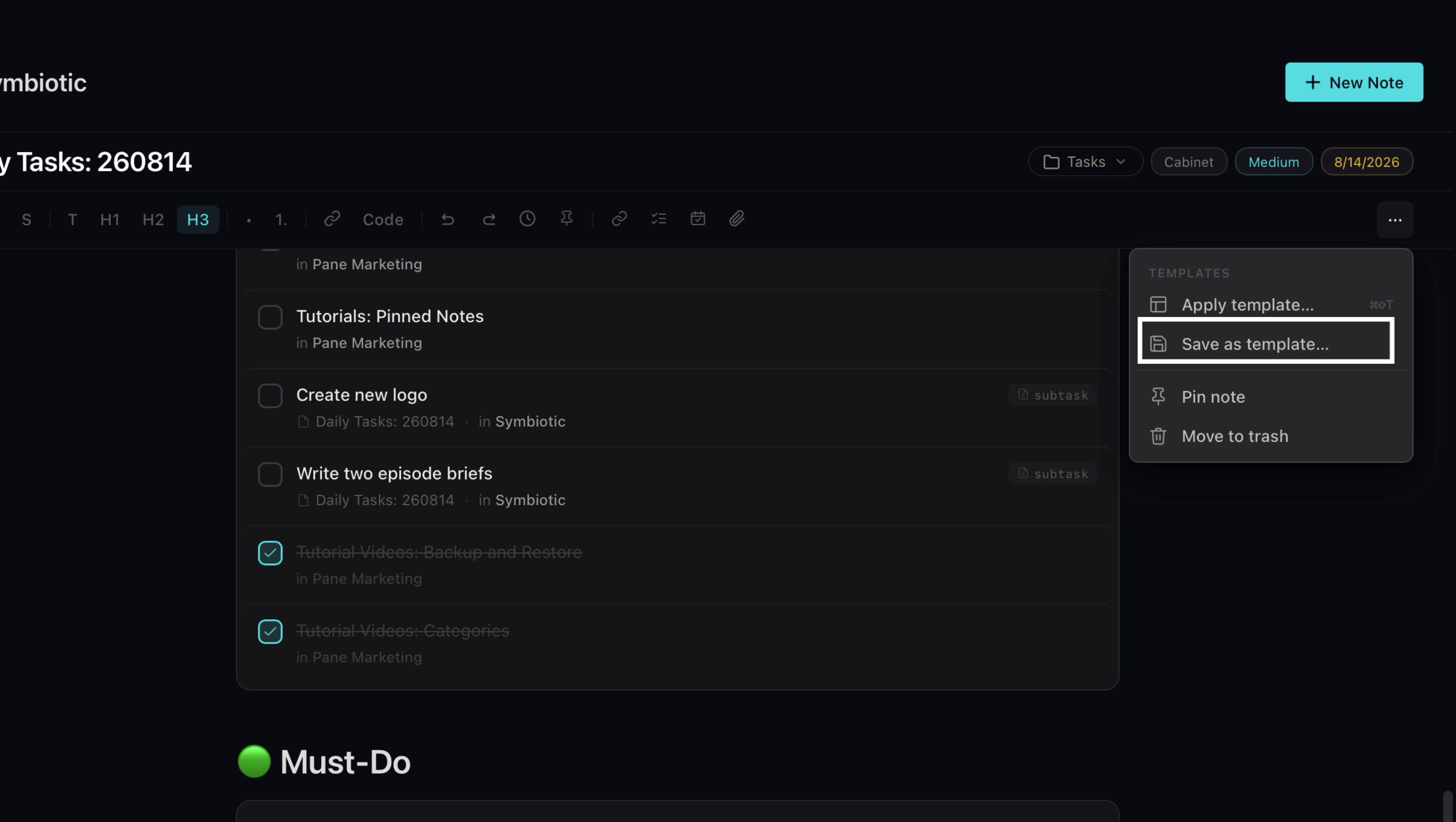 The three-dot note menu showing Save as Template highlighted