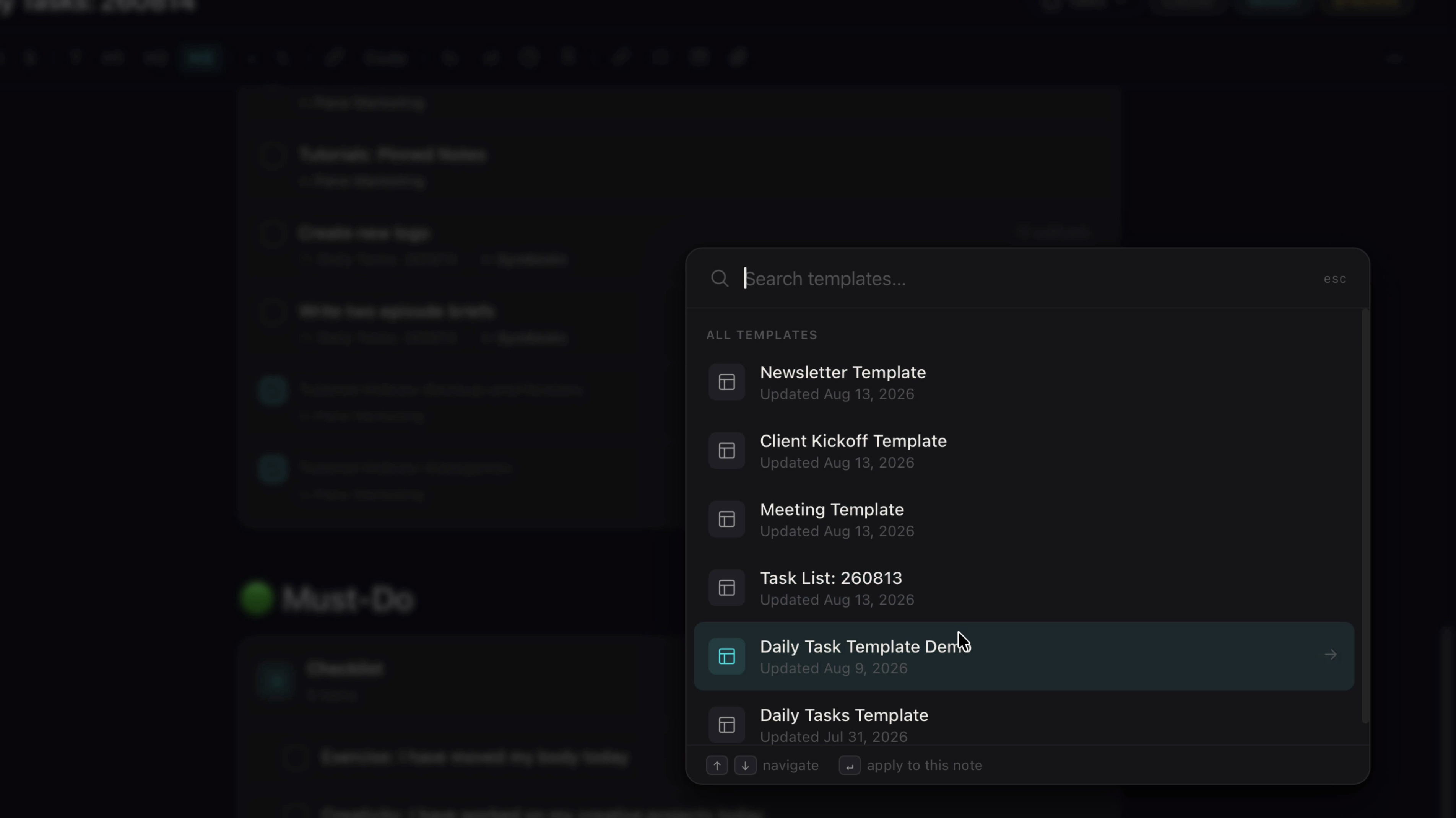 The Apply Template picker showing a list of saved templates including Daily Task Template Demo