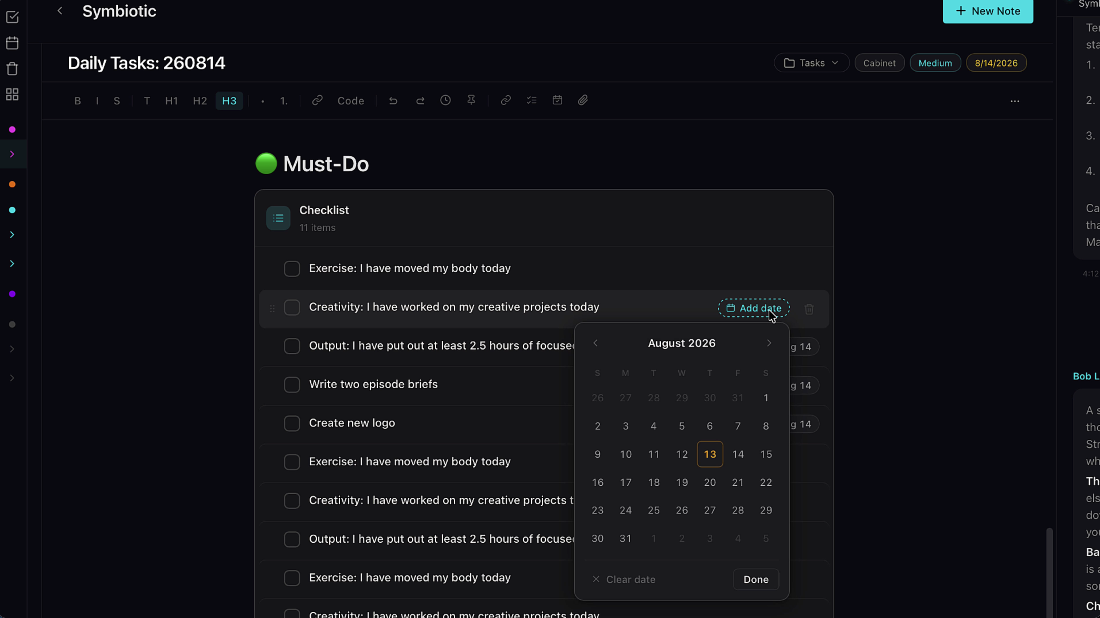 A checklist with individual due dates on each item and a date picker calendar open