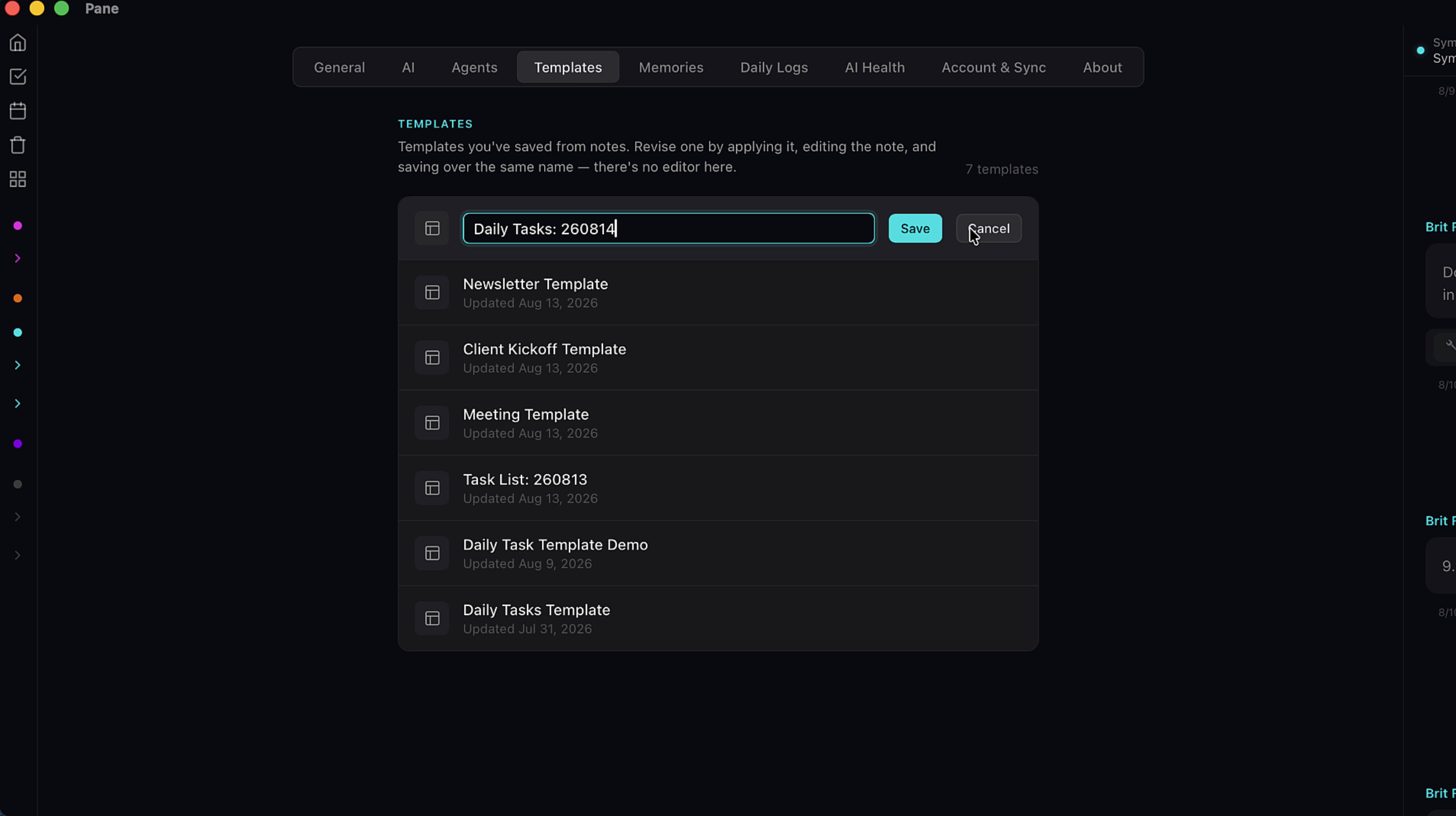 The Templates tab in Settings showing all saved templates with options to rename or delete